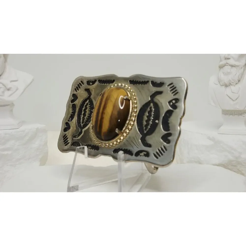 Vintage Southwestern Silver Tone Belt Buckle Genuine Tiger Eye Stone Cabochon